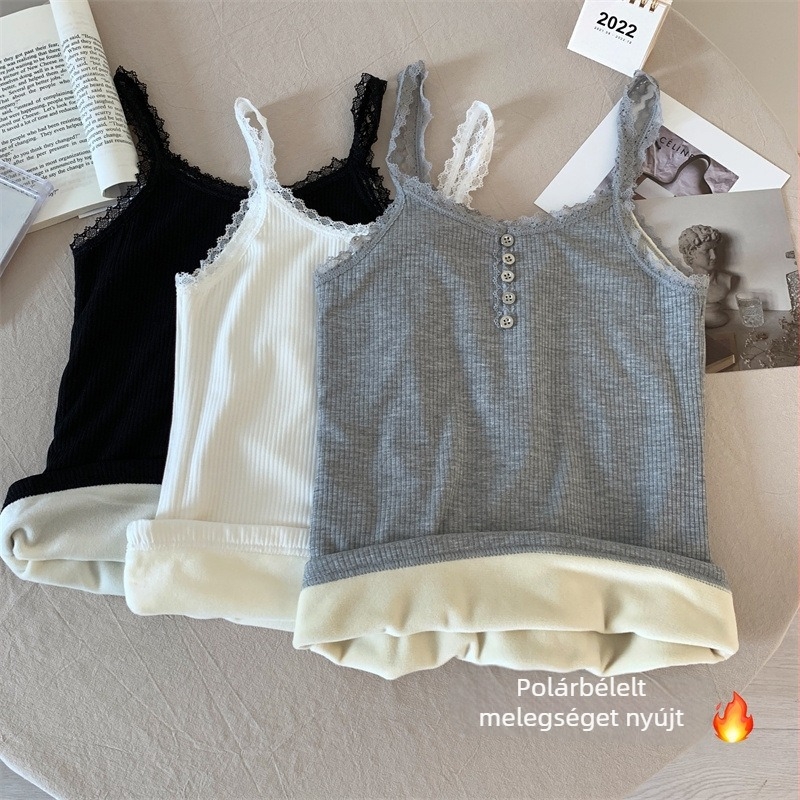 Női ujjatlan thermál mellény fleece bélés, csipke patchwork, duplarétegű nylon, V-nyakú