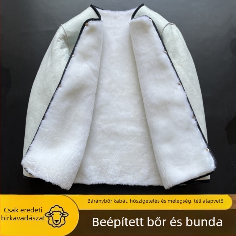 Férfi juhbőr dzseki gyapjú-pamut béléssel, álló gallér, cipzáras zárás, középhosszú