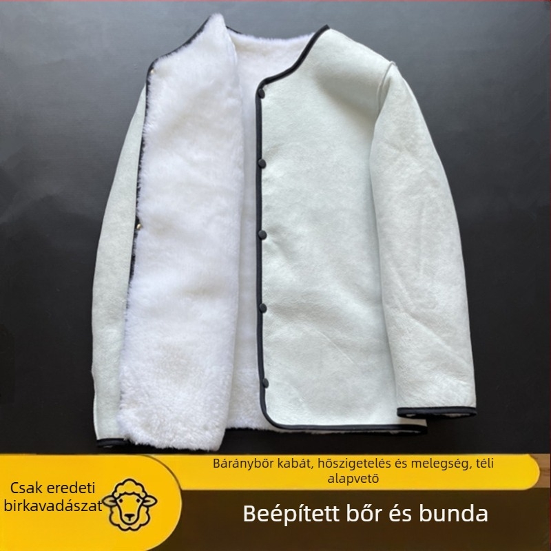 Férfi juhbőr dzseki gyapjú-pamut béléssel, álló gallér, cipzáras zárás, középhosszú