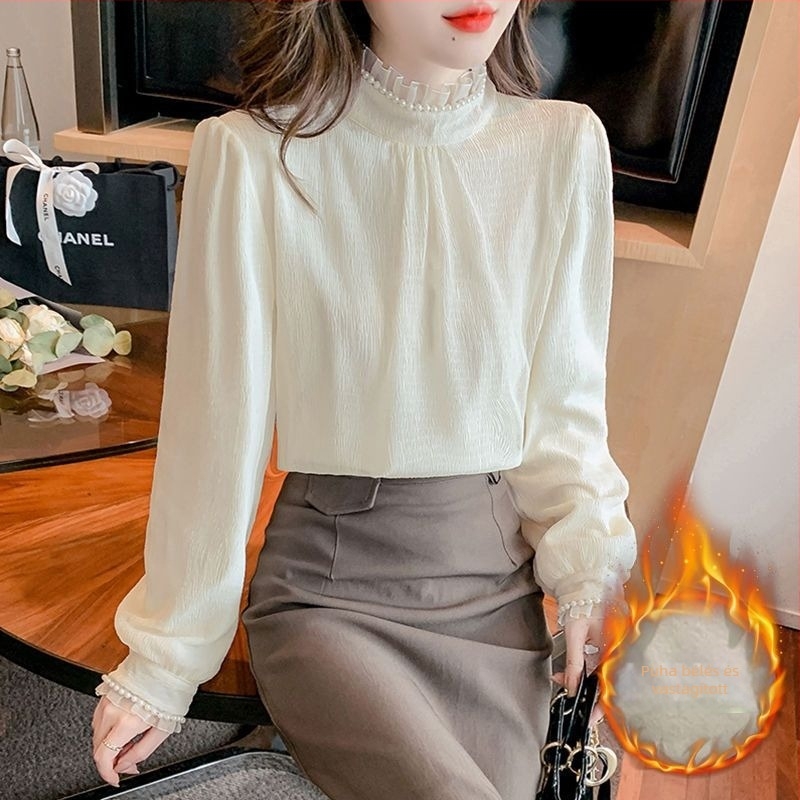 Chiffon blúz fleece béléssel, poliészter-ammónia keverék, félmagas gallér, rövid ujjú, 3D hímzés