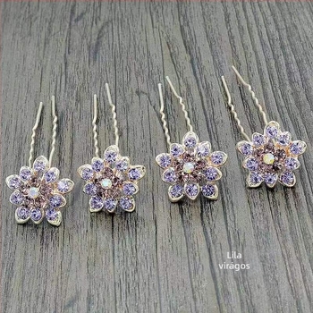 Elegáns fém hajcsat strasszokkal, U-formájú klipsz, virágos díszítés