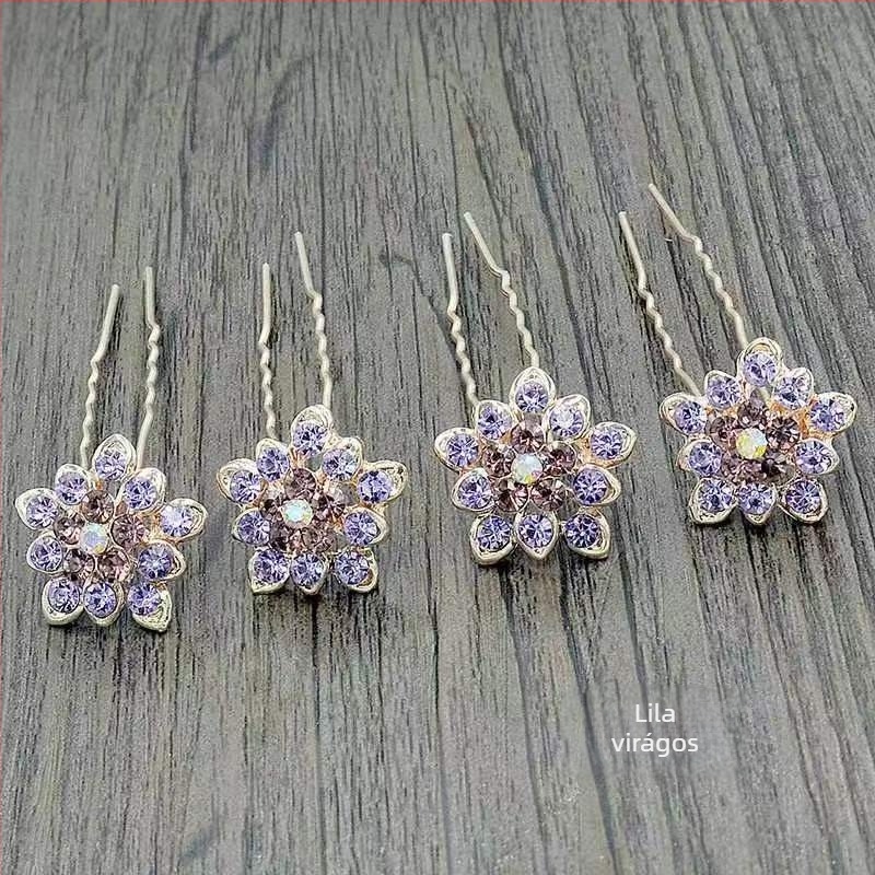 Elegáns fém hajcsat strasszokkal, U-formájú klipsz, virágos díszítés