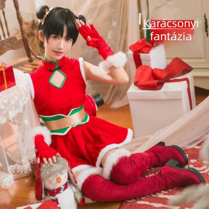 Női Karácsonyi cosplay ruha, sűrű bársony anyag, 95% poliészter, retro kínai nemzeti stílus, színpadra kész