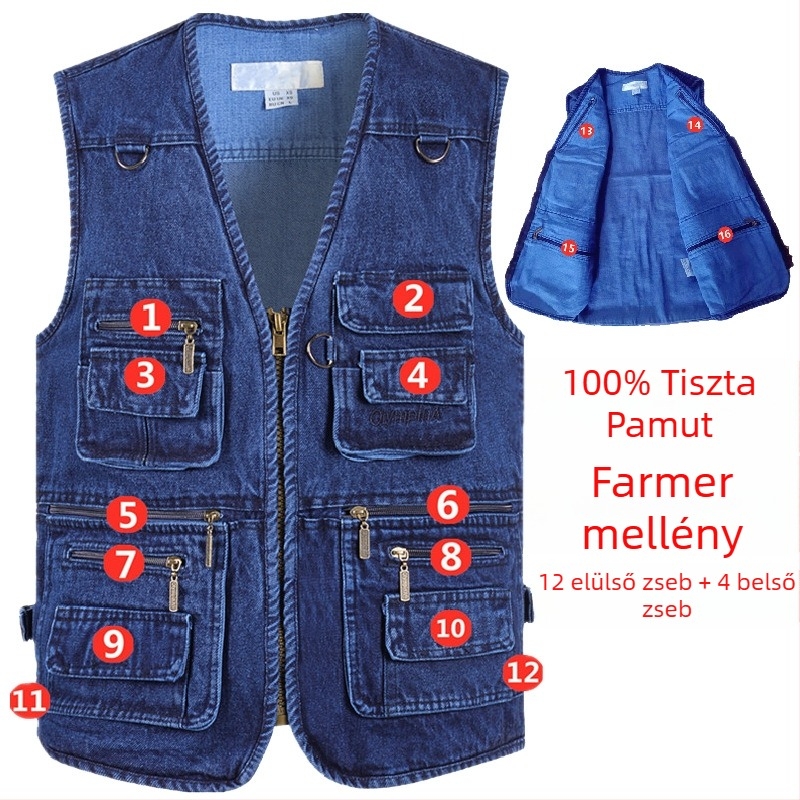 Pamut denim mellény több zsebbel – szabadtéri tevékenységekhez: túrázás, fotózás, horgászat – kék