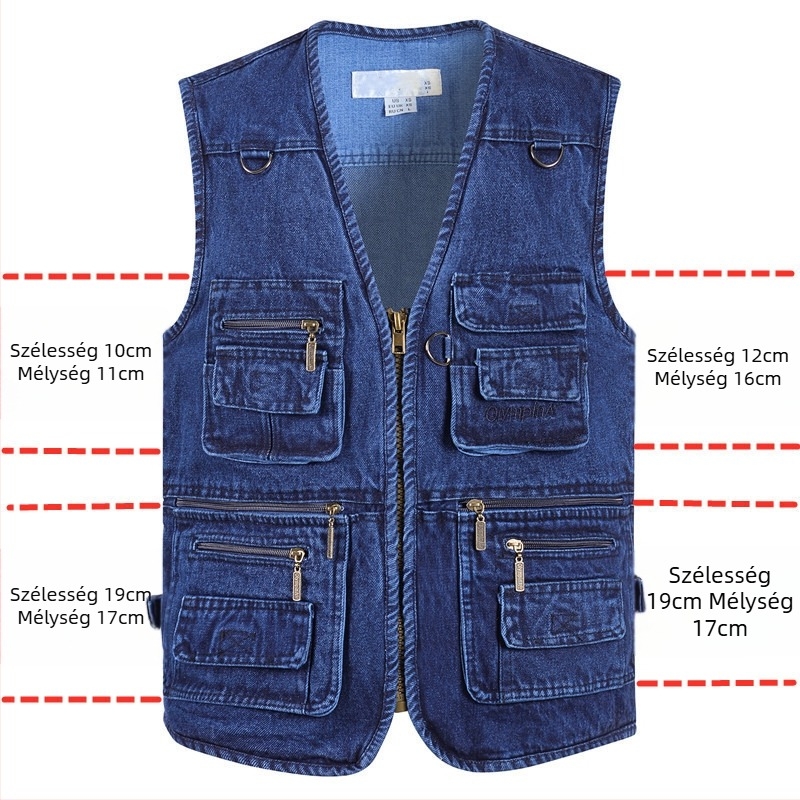 Pamut denim mellény több zsebbel – szabadtéri tevékenységekhez: túrázás, fotózás, horgászat – kék