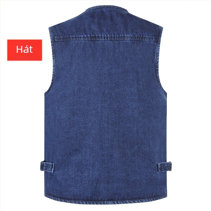 Pamut denim mellény több zsebbel – szabadtéri tevékenységekhez: túrázás, fotózás, horgászat – kék