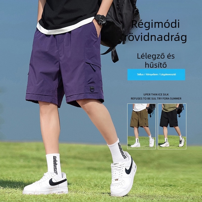 Férfi munkás rövidnadrág, öt zseb, nejlon anyagú, jégérzetes textúra, laza szabás, 95% nejlon, 2024 nyár