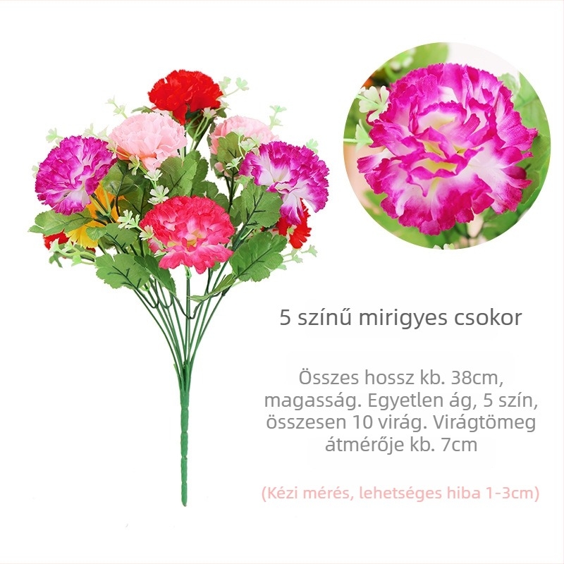 Kézben tartható mesterséges szegfű csokor, műanyag és selyem virágokkal; anyagok: műanyag és selyem; feldolgozás: stilizálás, relief, injekciós öntés; forma: csokor; cél: dekoráció, fotórekvizit, otthoni dekoráció