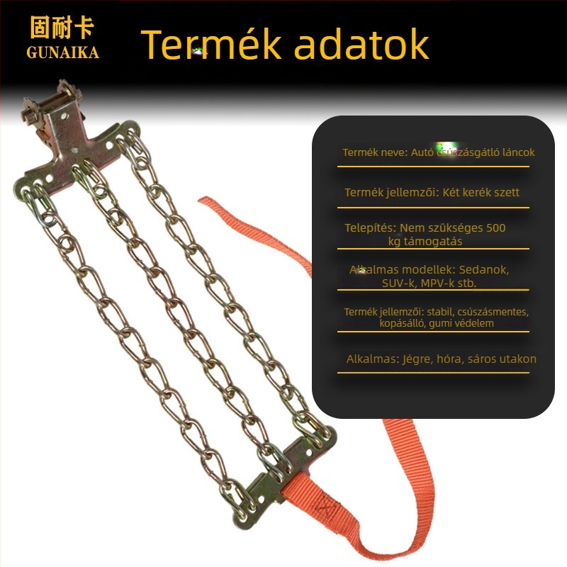 Csúszásgátló lánc univerzális autógumikhoz, vasból készült, univerzális járműtípushoz, 165-285-ös gumikhoz, Modell: Universal Emergency Anti-Slip Chain, Súly 7,5 kg