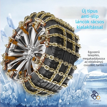 Grid típusú acél hólánc, univerzális téli használatra, sürgősségi autólánc; illeszkedik 165–275 gumimérethez; tömeg 1 kg; modell Grid