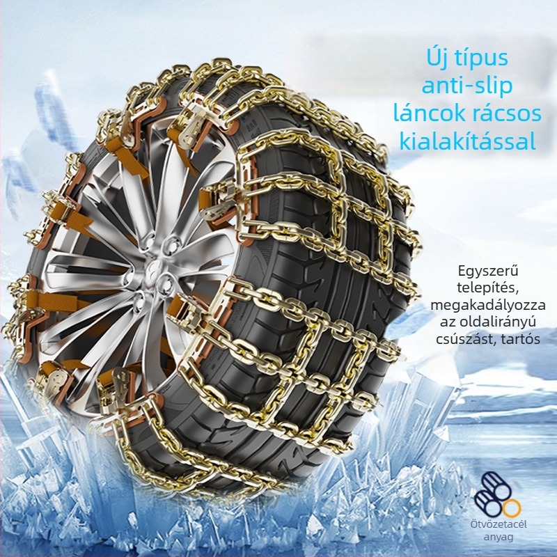 Grid típusú acél hólánc, univerzális téli használatra, sürgősségi autólánc; illeszkedik 165–275 gumimérethez; tömeg 1 kg; modell Grid