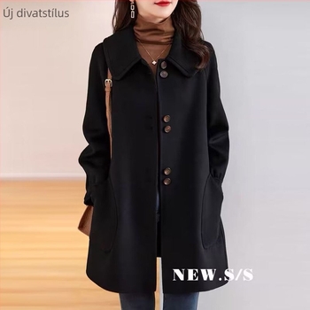 Női gyapjú kabát, koreai stílus, laza fazon, Péter Pán gallér, középhosszú