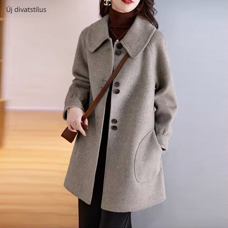 Női gyapjú kabát, koreai stílus, laza fazon, Péter Pán gallér, középhosszú