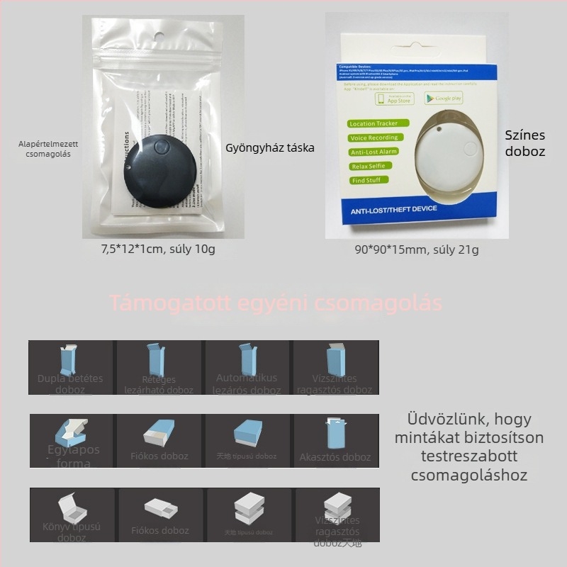 Kerek Bluetooth Anti-Lost nyomkövető kulcsokhoz, telefonhoz, táskákhoz és háziállatokhoz — Android és iOS kompatibilis, 15 m hatótávolság, 210 mAh akkumulátor, ABS anyag, tartozék nyakpánttal, kétirányú keresés és riasztó