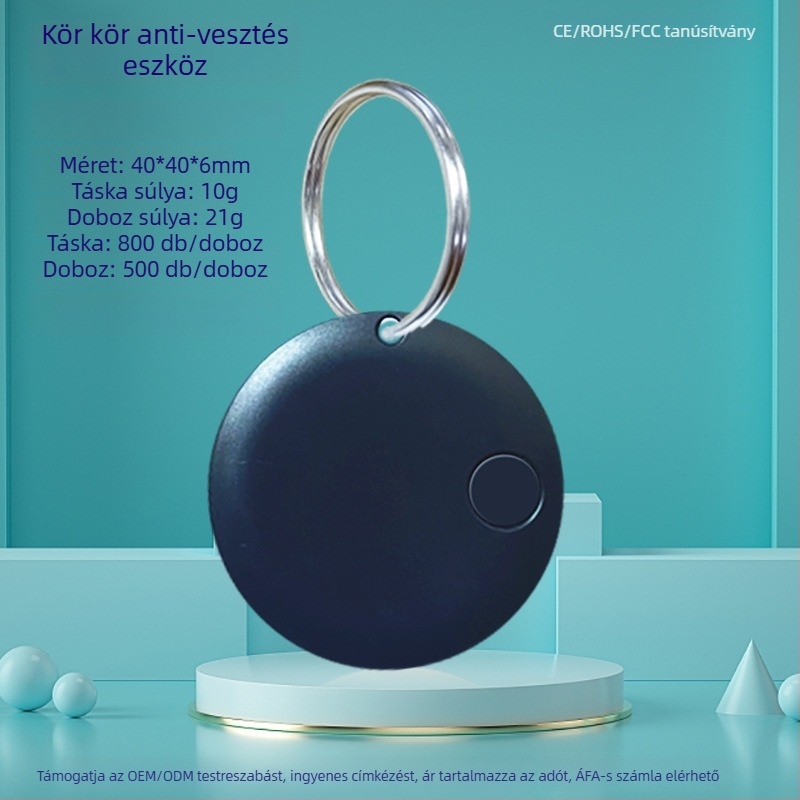 Kerek Bluetooth Anti-Lost nyomkövető kulcsokhoz, telefonhoz, táskákhoz és háziállatokhoz — Android és iOS kompatibilis, 15 m hatótávolság, 210 mAh akkumulátor, ABS anyag, tartozék nyakpánttal, kétirányú keresés és riasztó