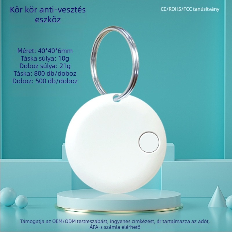 Kerek Bluetooth Anti-Lost nyomkövető kulcsokhoz, telefonhoz, táskákhoz és háziállatokhoz — Android és iOS kompatibilis, 15 m hatótávolság, 210 mAh akkumulátor, ABS anyag, tartozék nyakpánttal, kétirányú keresés és riasztó