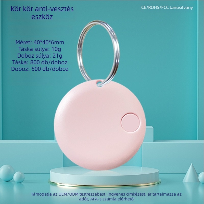 Kerek Bluetooth Anti-Lost nyomkövető kulcsokhoz, telefonhoz, táskákhoz és háziállatokhoz — Android és iOS kompatibilis, 15 m hatótávolság, 210 mAh akkumulátor, ABS anyag, tartozék nyakpánttal, kétirányú keresés és riasztó