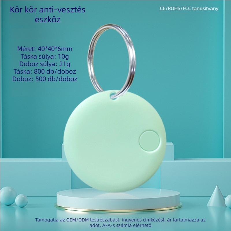 Kerek Bluetooth Anti-Lost nyomkövető kulcsokhoz, telefonhoz, táskákhoz és háziállatokhoz — Android és iOS kompatibilis, 15 m hatótávolság, 210 mAh akkumulátor, ABS anyag, tartozék nyakpánttal, kétirányú keresés és riasztó