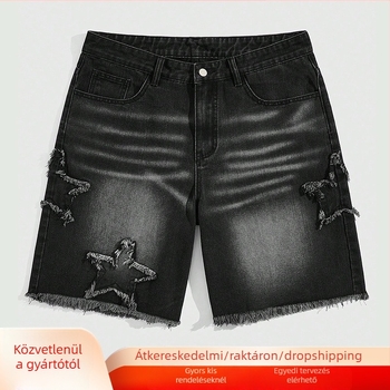 Férfi denim rövidnadrág ötágú csillag patch-felvarrással – retro szabású, egyenes szár, pamut-keverék (58% pamut, 22% poliészter, 16% viszkóz, 2% lyocell, 2% nylon)