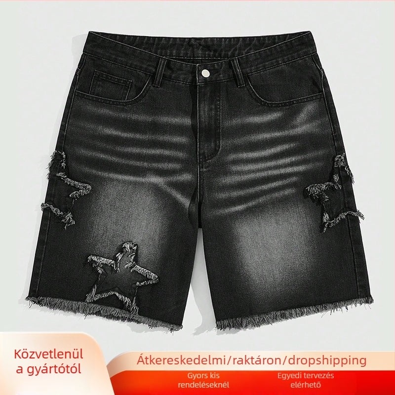 Férfi denim rövidnadrág ötágú csillag patch-felvarrással – retro szabású, egyenes szár, pamut-keverék (58% pamut, 22% poliészter, 16% viszkóz, 2% lyocell, 2% nylon)