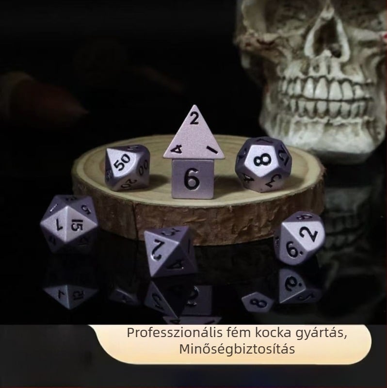 Cink ötvözetből készült dobókockák, hatszögűek, lekerekített sarkú, dobozban 100 darab, testreszabható