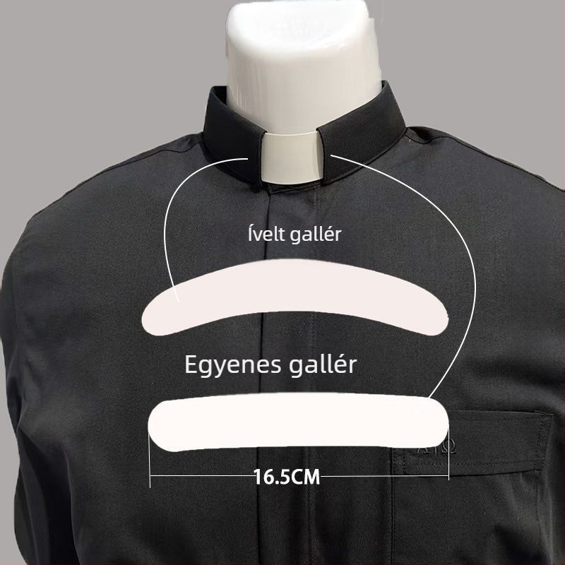 Római galléros inge hamis gallérral és nem összecsukható gallérral; gallér szélessége kb. 2 cm; anyag: műanyag; egyszínű mintázat; nyár 2025