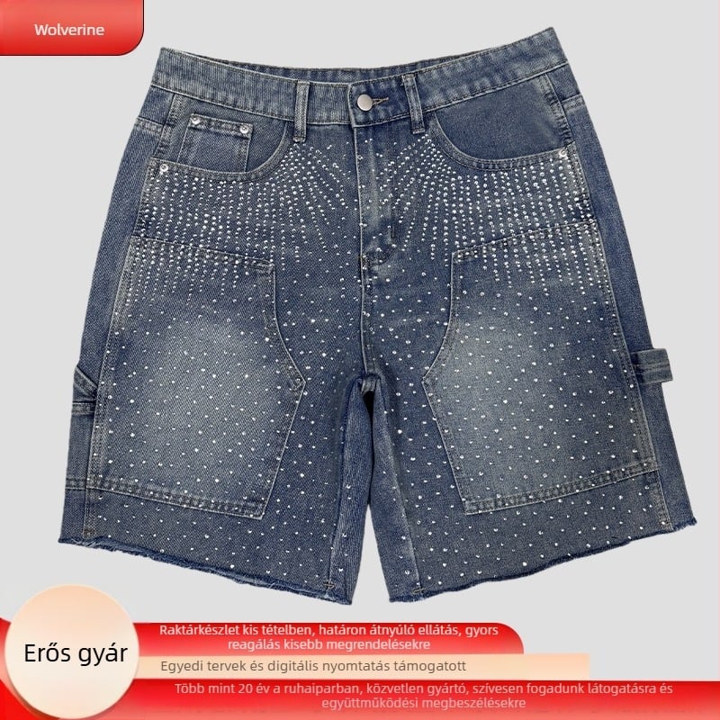Férfi farmer denim rövidnadrág - mosott, kopott hatás, Rhinestone Hotfix, egyenes szabás, öt hüvelykes hossz, Wolverine