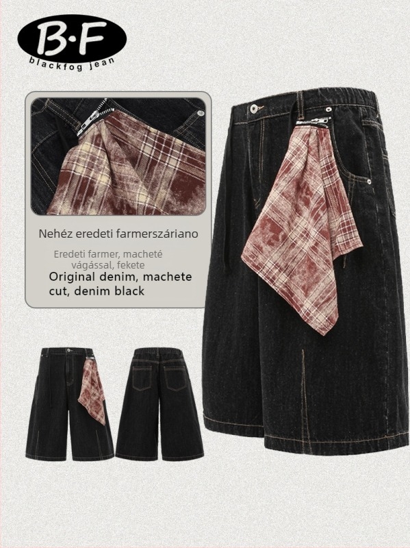 Uniszex cropped denim rövidnadrág, machete‑inspirált retro dizájn, széles lazán szabott