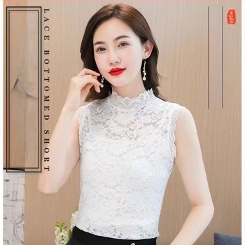 Csipkés hamis galléros női ujjatlan alap felső – peónia minta, poliészter belső csipével bélelt, fél magas gallér