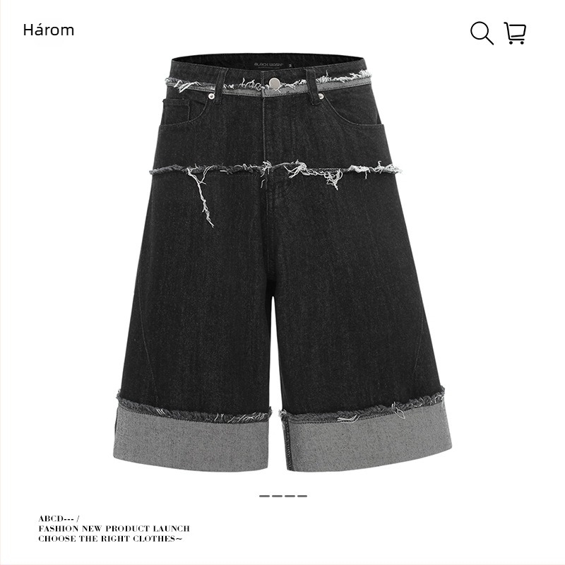 Denim rövidnadrág felhajtott szárú, laza egyenes szabás, 95% pamut, utcai stílus, nyár 2025