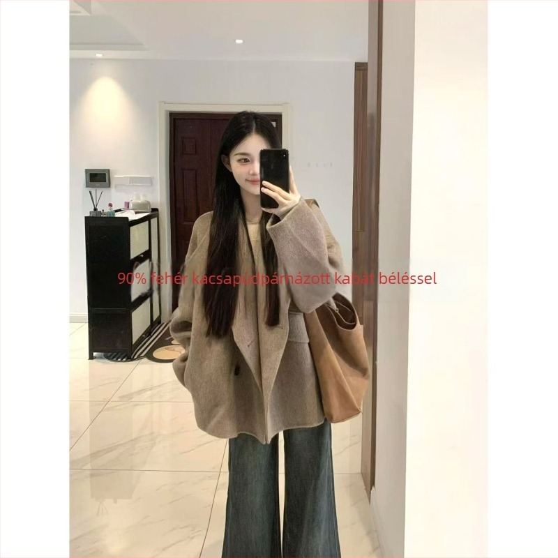 Női gyapjúkabát, koreai stílus, középhosszú, laza szabás, egysoros gombolás