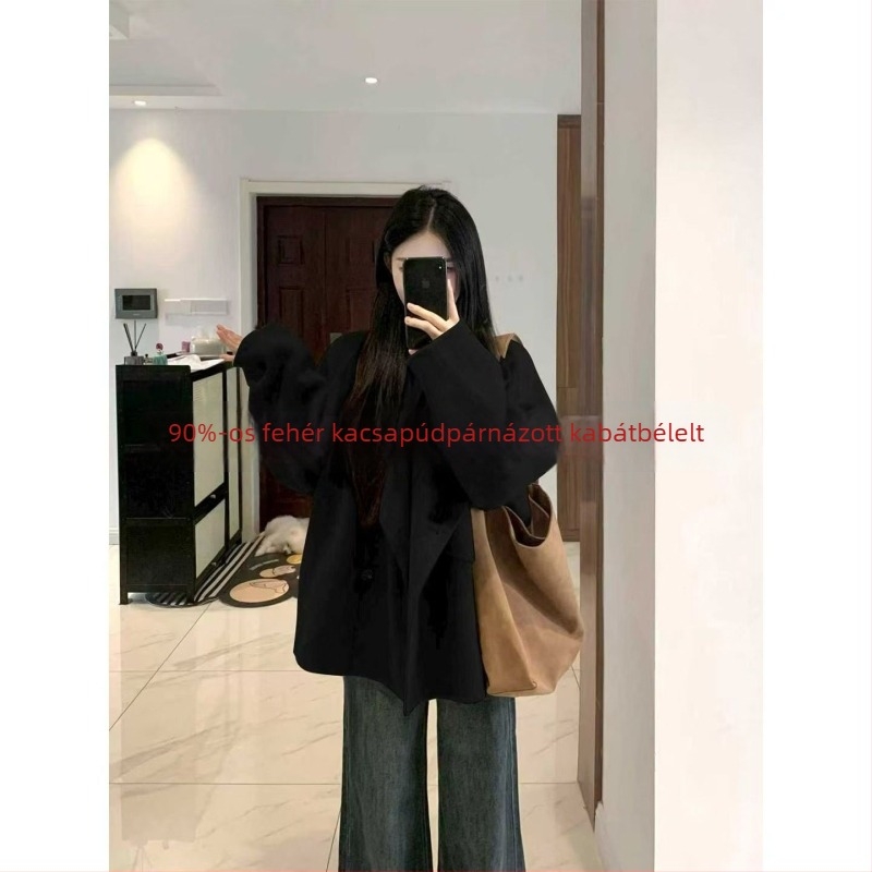 Női gyapjúkabát, koreai stílus, középhosszú, laza szabás, egysoros gombolás