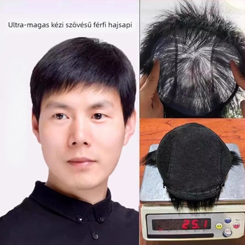 Férfiaknak készült kézzel szőtt valódi emberi hajból készült paróka — ősz haj fedése, volumen növelése, forró festéshez nem alkalmas