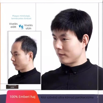 Férfiaknak készült kézzel szőtt valódi emberi hajból készült paróka — ősz haj fedése, volumen növelése, forró festéshez nem alkalmas