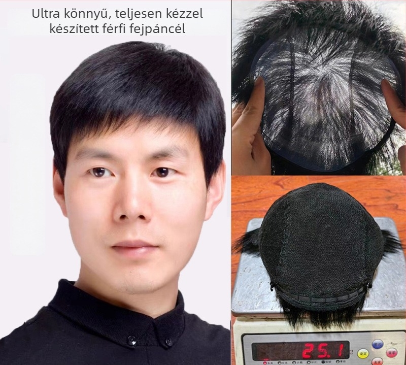 Férfiaknak készült kézzel szőtt valódi emberi hajból készült paróka — ősz haj fedése, volumen növelése, forró festéshez nem alkalmas