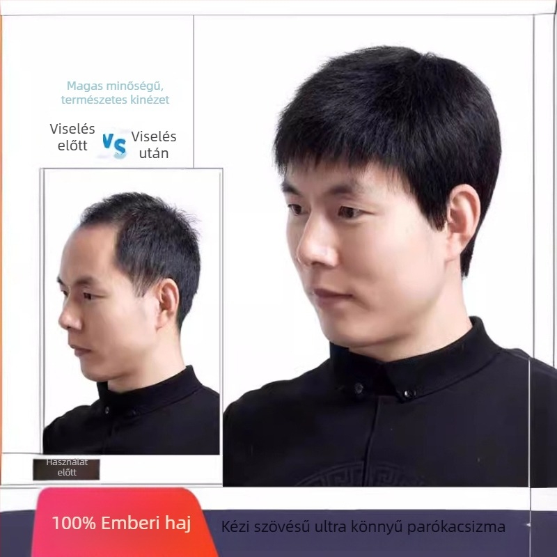 Férfiaknak készült kézzel szőtt valódi emberi hajból készült paróka — ősz haj fedése, volumen növelése, forró festéshez nem alkalmas