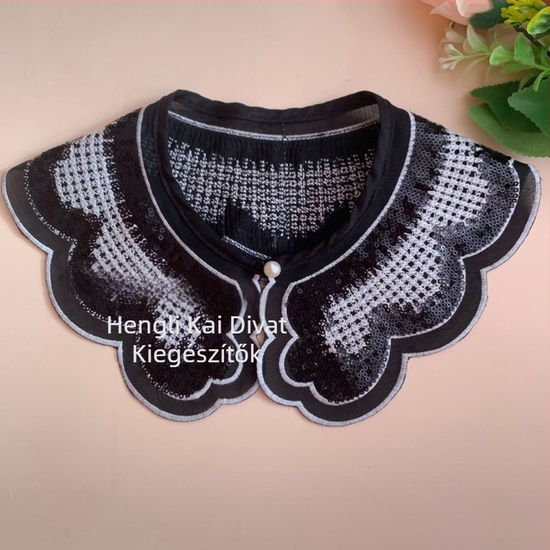 Női hamis gallér paillettes-sel és hímzéssel – kézzel készített, DIY dekoratív gallér, poliészter fonal, gyöngyhímzés belső, koreai stílusú sokoldalú