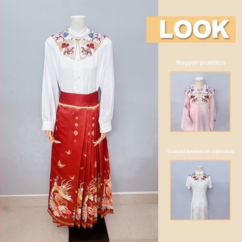 Hanfu ballagási készlet: ruha felhő-shoulderrel, sál és Mamian szoknya, sűrű hímzés, koi mintázat felhőkkel és virágokkal, poliészter szövet organza bélés, gyöngyös gallér, stílus: új kínai/ősi.