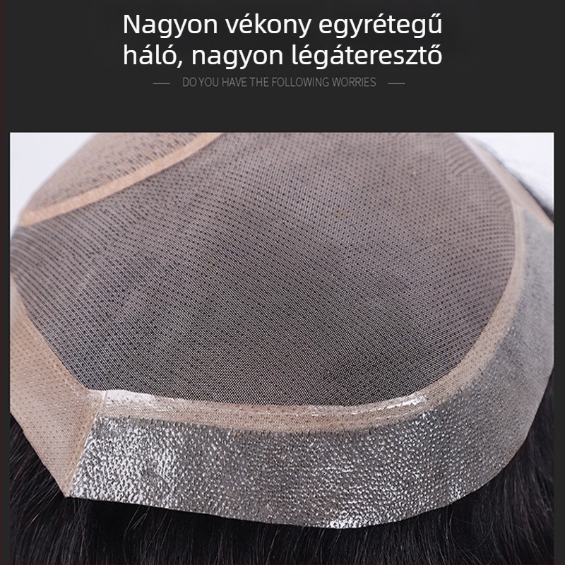Férfi paróka – valódi emberi hajból készült, teljesen kézzel szőtt, rövid hossz, festhető; stílusváltás, ősz haj fedése, volumen növelése
