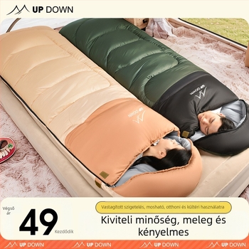 Zsák alakú utazó hálózsák őszi–téli használatra, nylon anyag, mű toll töltés