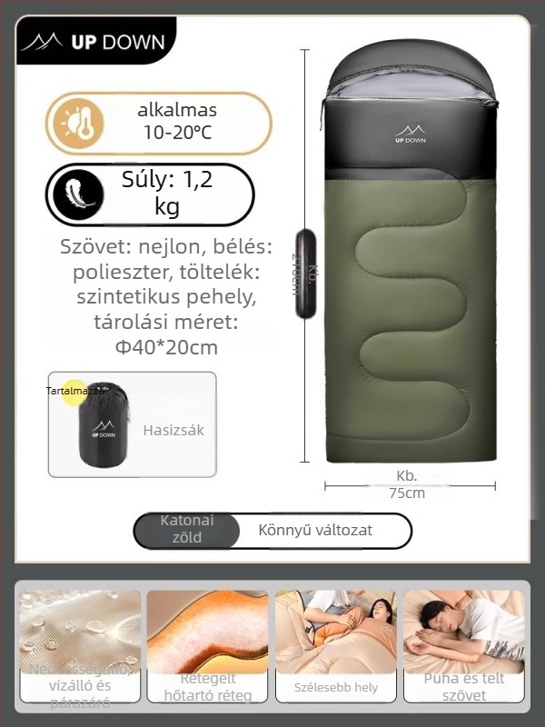 Zsák alakú utazó hálózsák őszi–téli használatra, nylon anyag, mű toll töltés