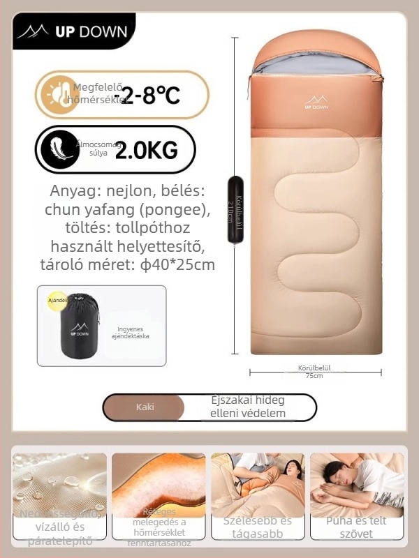 Zsák alakú utazó hálózsák őszi–téli használatra, nylon anyag, mű toll töltés