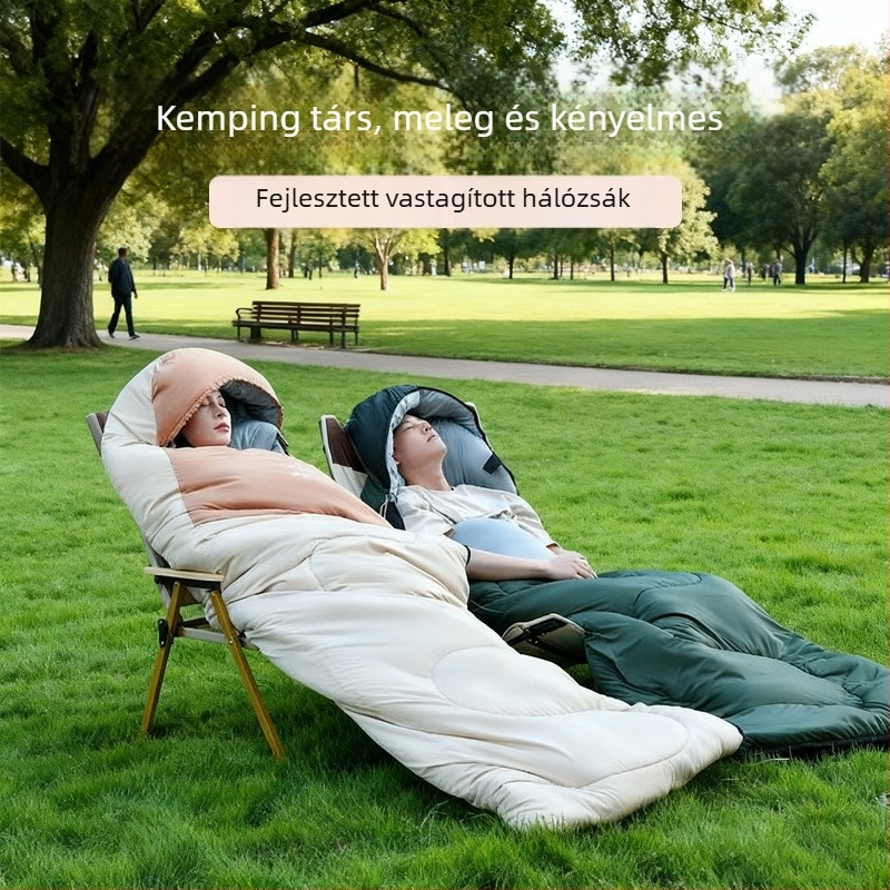 Zsák alakú utazó hálózsák őszi–téli használatra, nylon anyag, mű toll töltés