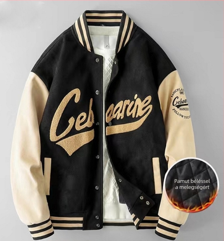 Őszi-téli velúr baseball kabát állógallérral, laza szabás, őz velúr anyag, hímzett részletek