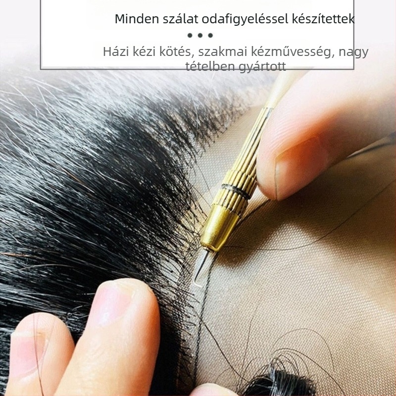 Férfi paróka, teljes kézi szövésű, valódi hajból, rövid, nem festhető vagy göndöríthető, a fehér haj fedésére és a volumen növelésére.