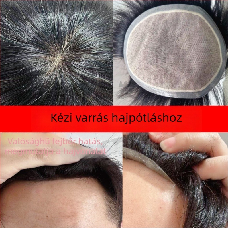 Férfi paróka, teljes kézi szövésű, valódi hajból, rövid, nem festhető vagy göndöríthető, a fehér haj fedésére és a volumen növelésére.