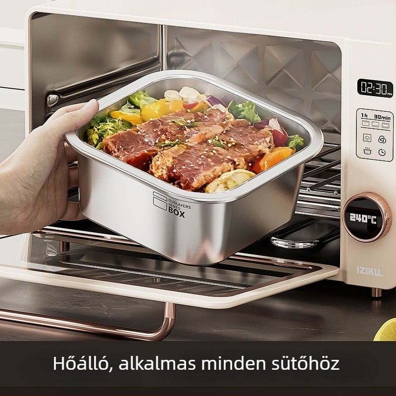 Rozsdamentes acél ebédes doboz, vákuum-izolált, zárt, négyzet alakú, hordozható