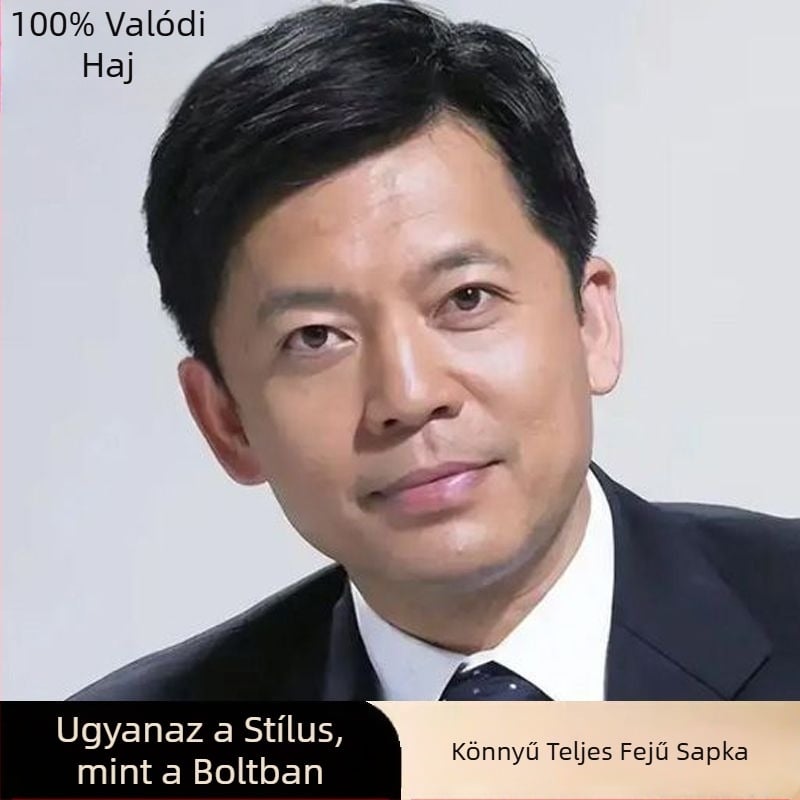 Középkorú és idős férfiak számára készült paróka valódi hajból, rövid hajhosszal, magas minőséggel, oldalsó elválasztással