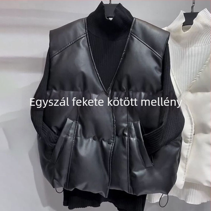 Műbőr mellénydzseki, V-nyakú, ujjatlan, A-vonalú, poliészter szál