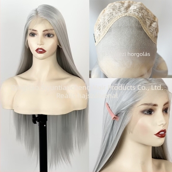 Ezüst-szürke paróka csipés elülső résszel, kézzel horgolt, 13x4, középső rész, egyenes hosszú haj, cosplay paróka